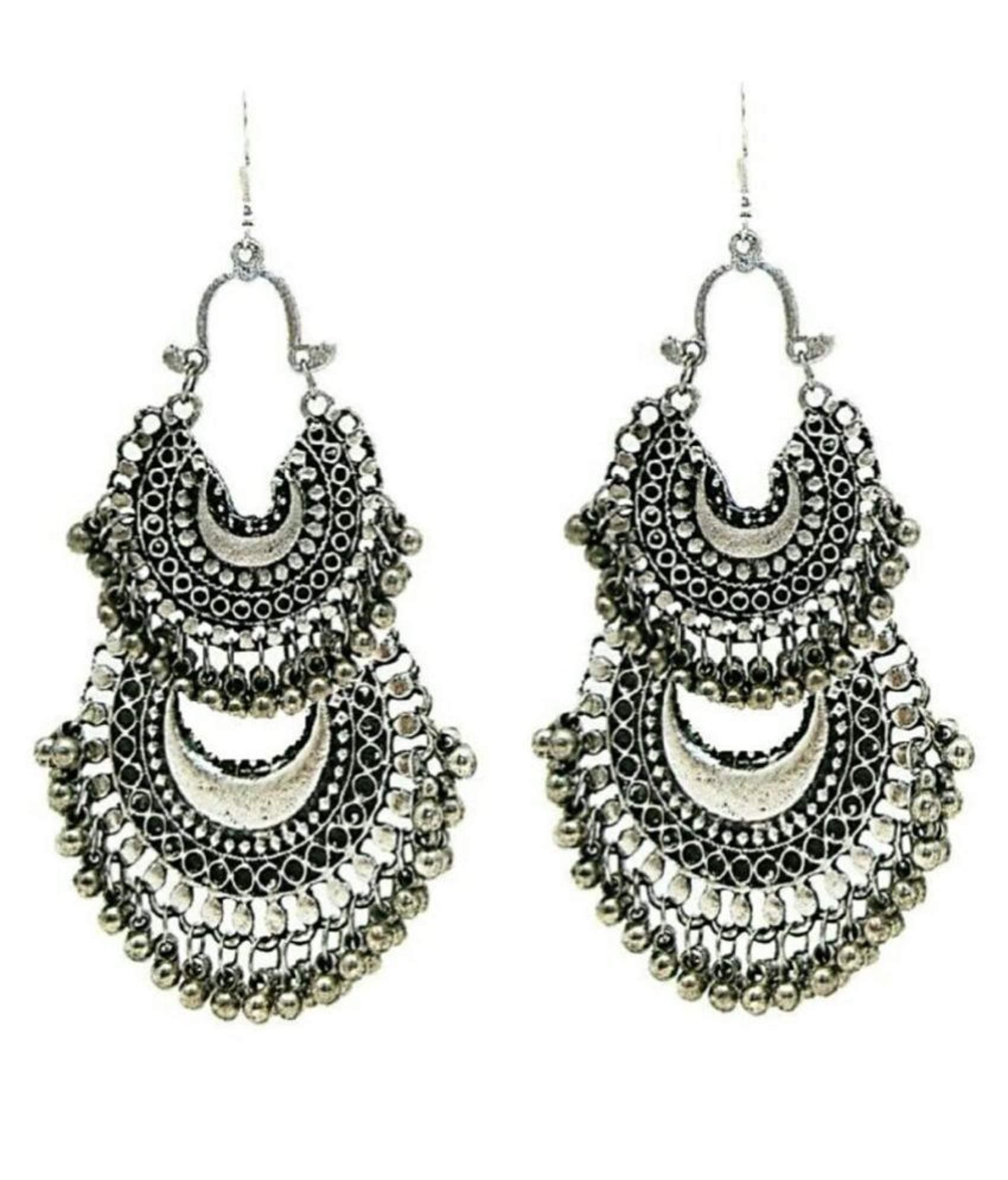 Designer Silver Oxidised High Classy Luxury Double Decker Afghani Earrings for Women and Girls by Aradhya