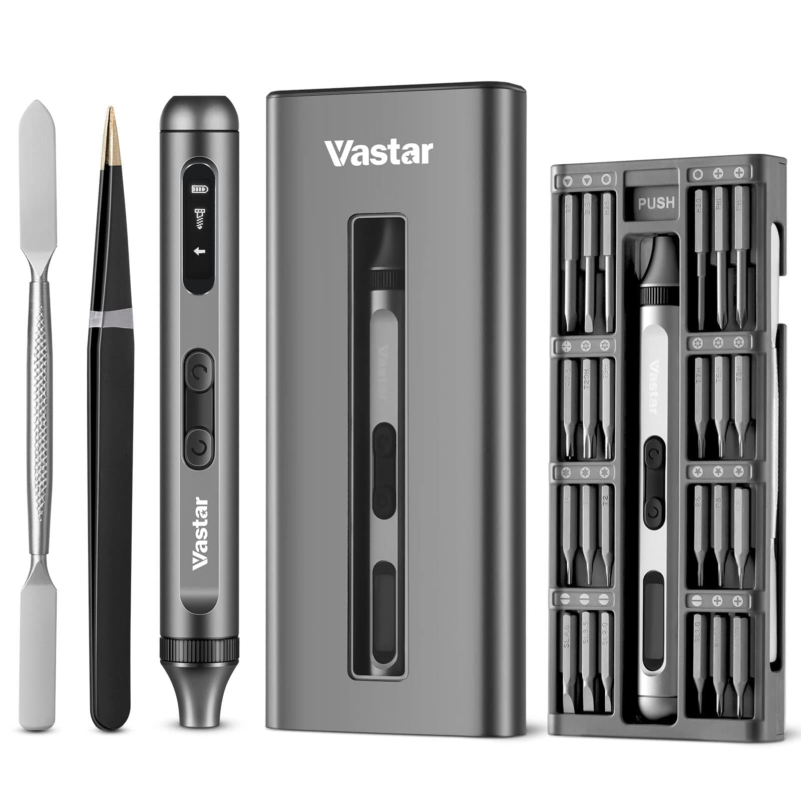 VastarElectric Screwdriver, 54 IN 1 Cordless Mini Power Precision Screwdriver Set with 48 Magnetic Bits, Rechargeable Torque Repair Tool Kit with Led Lights for Phones Watch Laptops (Grey-standard)