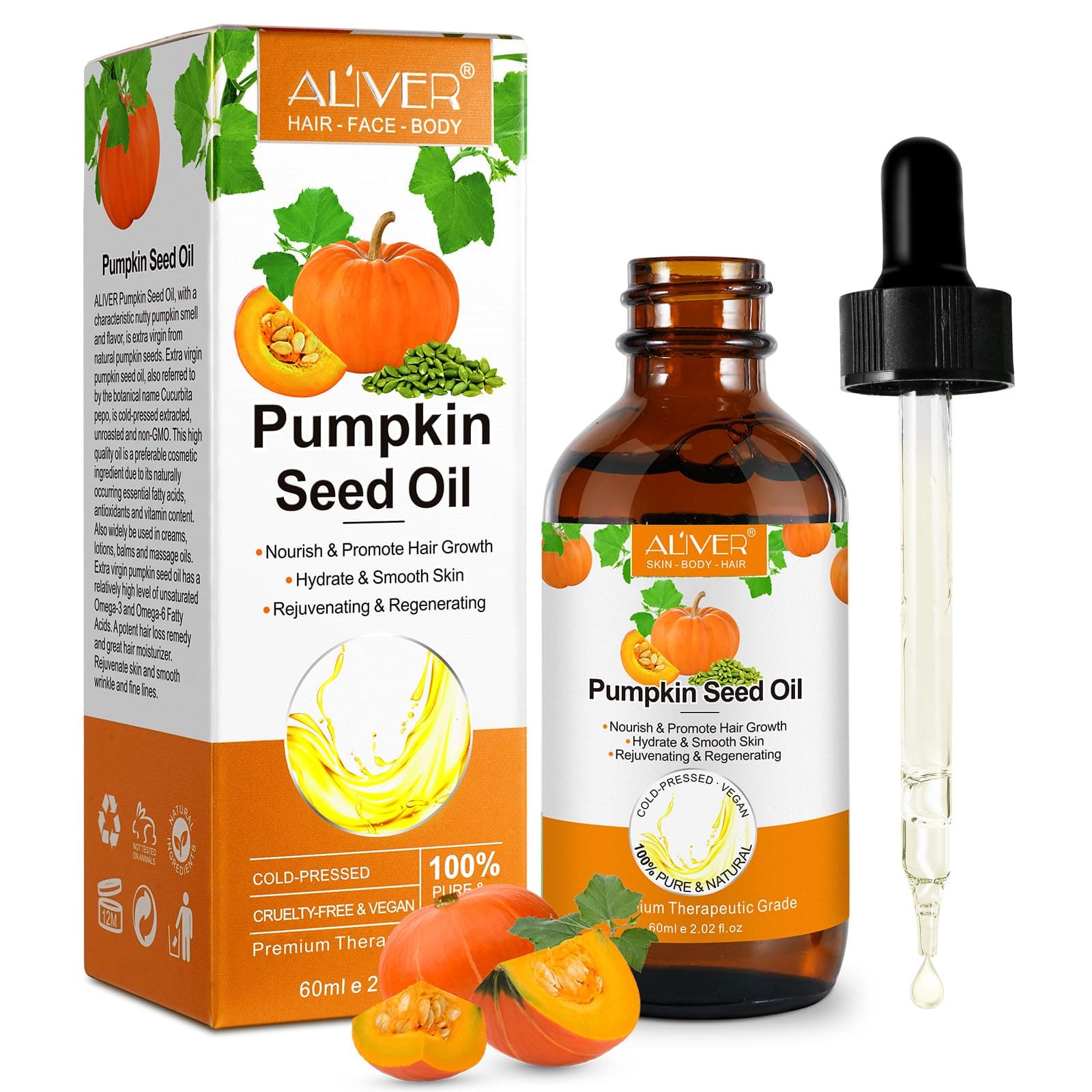 Pumpkin Seed Oil 2Fl Oz, Pure Cold Pressed Pumpkin Seed Oil for Dry Damaged Hair Growth, Moisturizing Scalp, Nourishment for All Hair Types