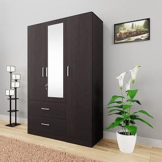 VIKI Wardrobe | Wooden Almirah for Clothes,Door for Bedroom, 3 Door Wardrobe with Drawer, Mirror & Hanging Space (Dark Wenge - 40D x 120W x 180H) | 1 Year Warranty | Free Assembly