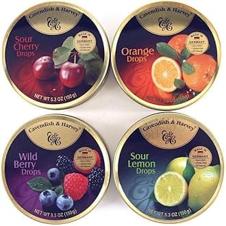 Variety Flavor Hard Candy Drops | Orange, Wild Berry, Sour Lemon, & Sour Cherry | 5.3 Ounce Tins - 4 Pack