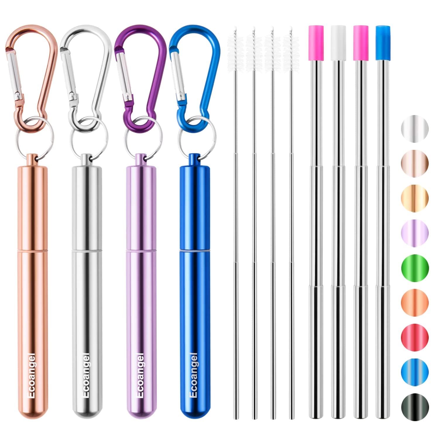 Cruise Ship Essentials,4-Pack reusable Collapsible Stainless Steel Drinking Straws with Aluminum Case,Cleaning Brush,and Keychains (Silver&rose gold&blue&purple)