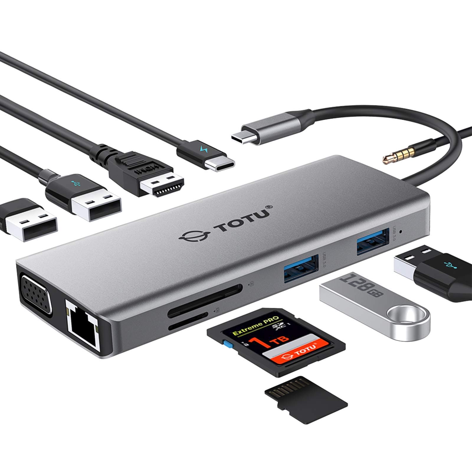 11-in-1 USB-C Hub: 4K HDMI, VGA, 2x USB3.0, 2x USB2.0, Ethernet, SD Card Reader, Audio, 3.0 PD, Mac Pro & Laptops Compatible