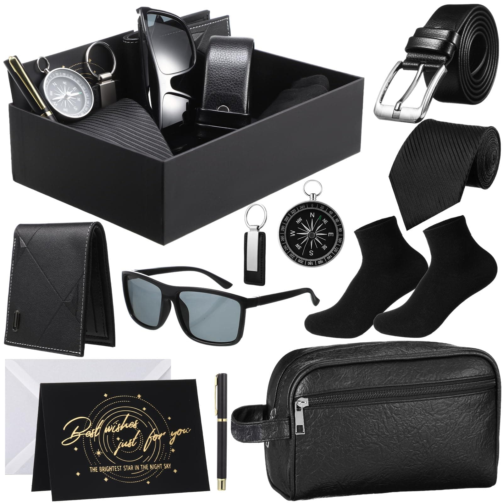 12 Pcs Men Birthdays Gift Set with Box for Men Dad Basket PU Leather Wallet Leather Toiletry Bag Tie Socks Belt Keychain Sunglasses Pen Compass Set