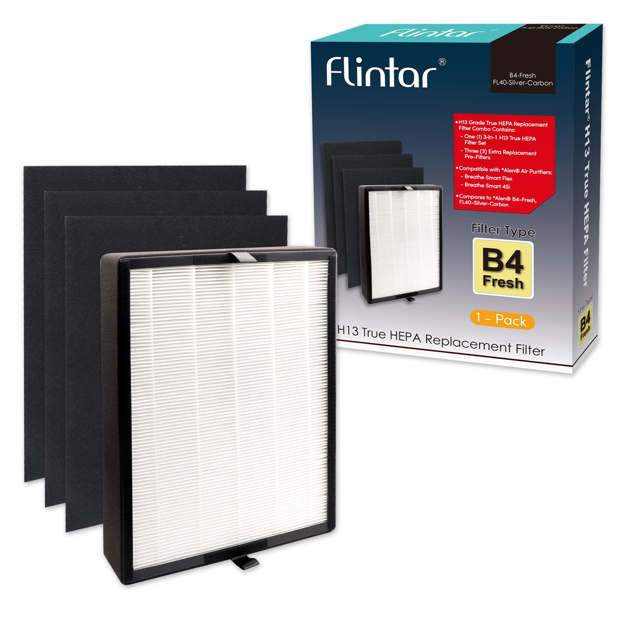 Flintar True HEPA Replacement Filter, Compatible with Alen BreatheSmart Flex and 45i Air Purifier, H13 Grade True HEPA, Plus 3 Replaceable Pre-Filters, Part # B4-Fresh (1-Pack)