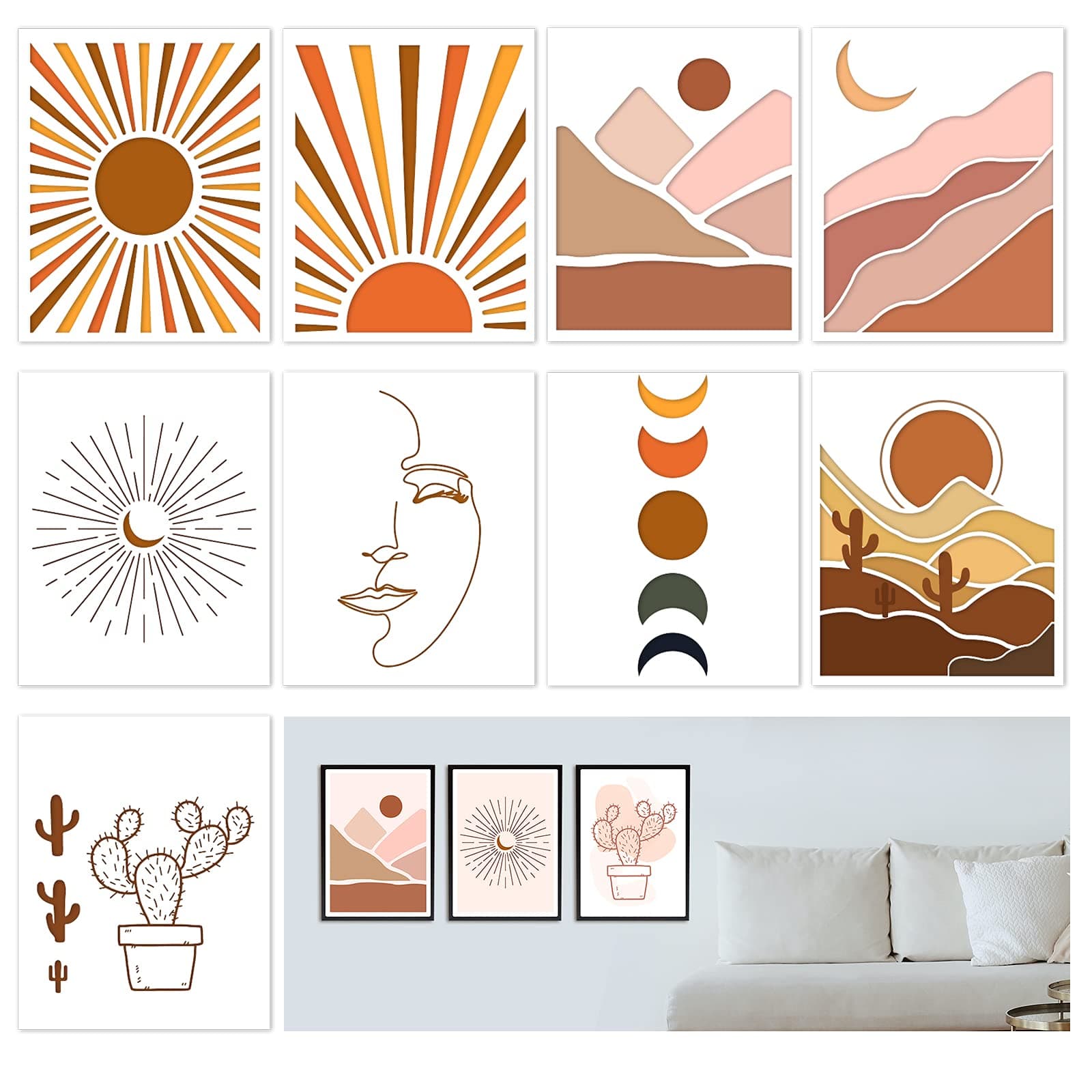 9PCS Sun and Moon Stencils, Mid Century Modern Wall Art Stencils Boho Minimalist Abstract Canvas Painting Templates Women Reusable Stencils for Home Decorations, 8x10inch
