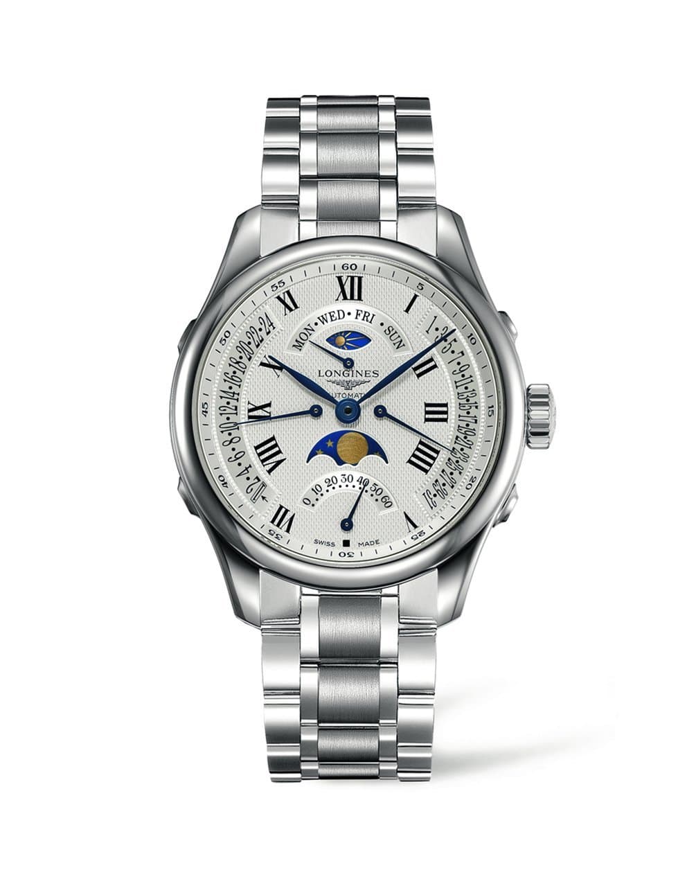 Master Collection - L2.738.4.71.6 - Stainless Steel White Dial Day Date Moon Phase Automatic Men's, White, Modern