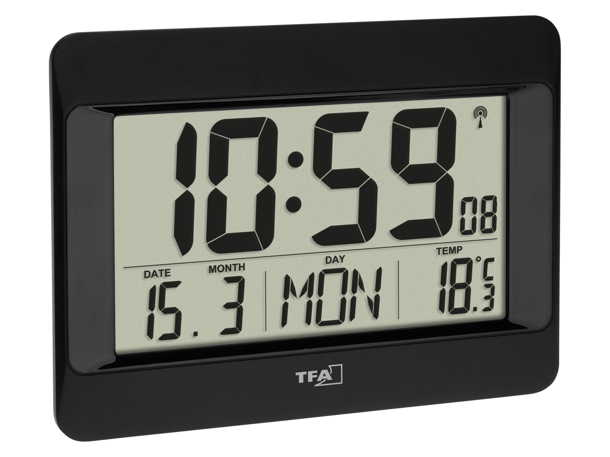Dostmann 60.4519.01 Digital Wall Radio Controlled Clock with Indoor Temperature, Day of The Week (8 Languages), Date, Time Zone Setting, Black, (L) 215 x (B) 160 x (H) 26 (68) mm