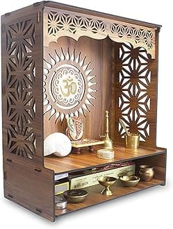 FOXIT Mangal Beautiful Wooden Pooja Stand for Home Pooja Mandir for Home Temple for Home and Office Puja Mandir for Home Wall Mounted with LED Spot Light Size (H- 18, L- 16, W-8.75 Inch) T3