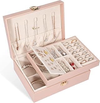 Jewelry Box Organizer for Women Girls, 2 Layer Large Men Jewelry Storage Case, PU Leather Display Jewellery Holder with Removable Tray for Necklace Earrings Rings Bracelets, Vintage Gift, Pink