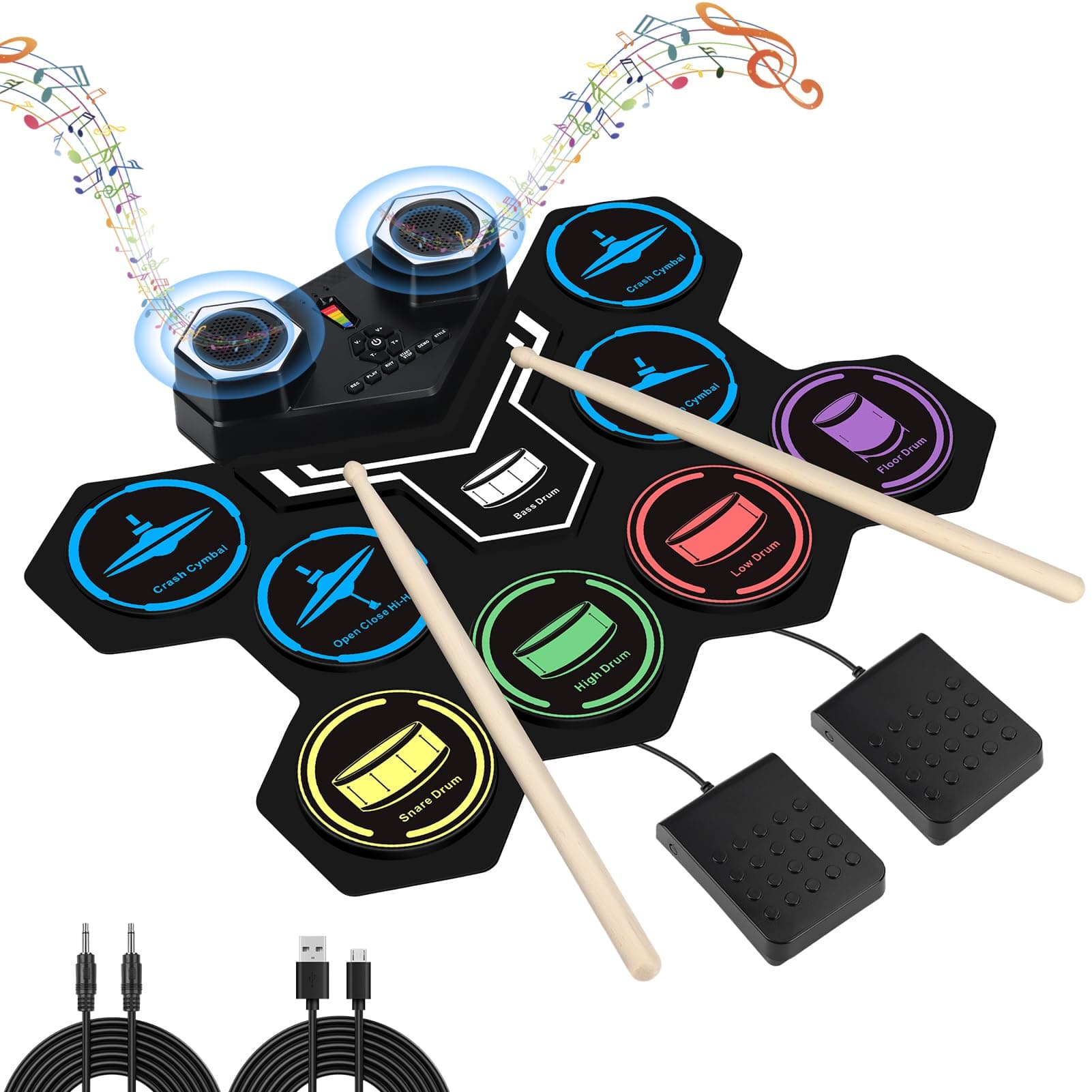 Electronic Drum Set, 9 Pad With Headphone Jack, Dual Stereo Speakers, Drum Sticks, Foot Pedals, 10 Hours Playtime, Ideal Gift for Kids