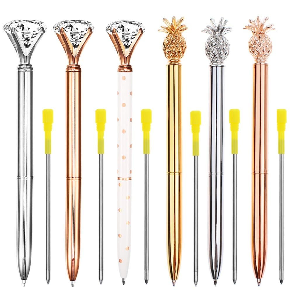3 Pcs Big Crystal Diamond Pens and 3 Pcs Pineapple Pens Ballpoint Pens Rose Gold/Silver/White Metal Ballpoint Pen Black Ink for Women, Co-workers, Kids, Girls