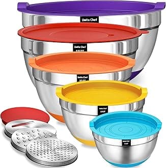 Mixing Bowls with Airtight Lids Set, 8PCS Stainless Steel Nesting Bowls Set, 3 Grater Attachments & Non-Slip Bottoms, Size 5, 4, 3.5, 2, 1.5QT for Baking & Mixing(Colorful)