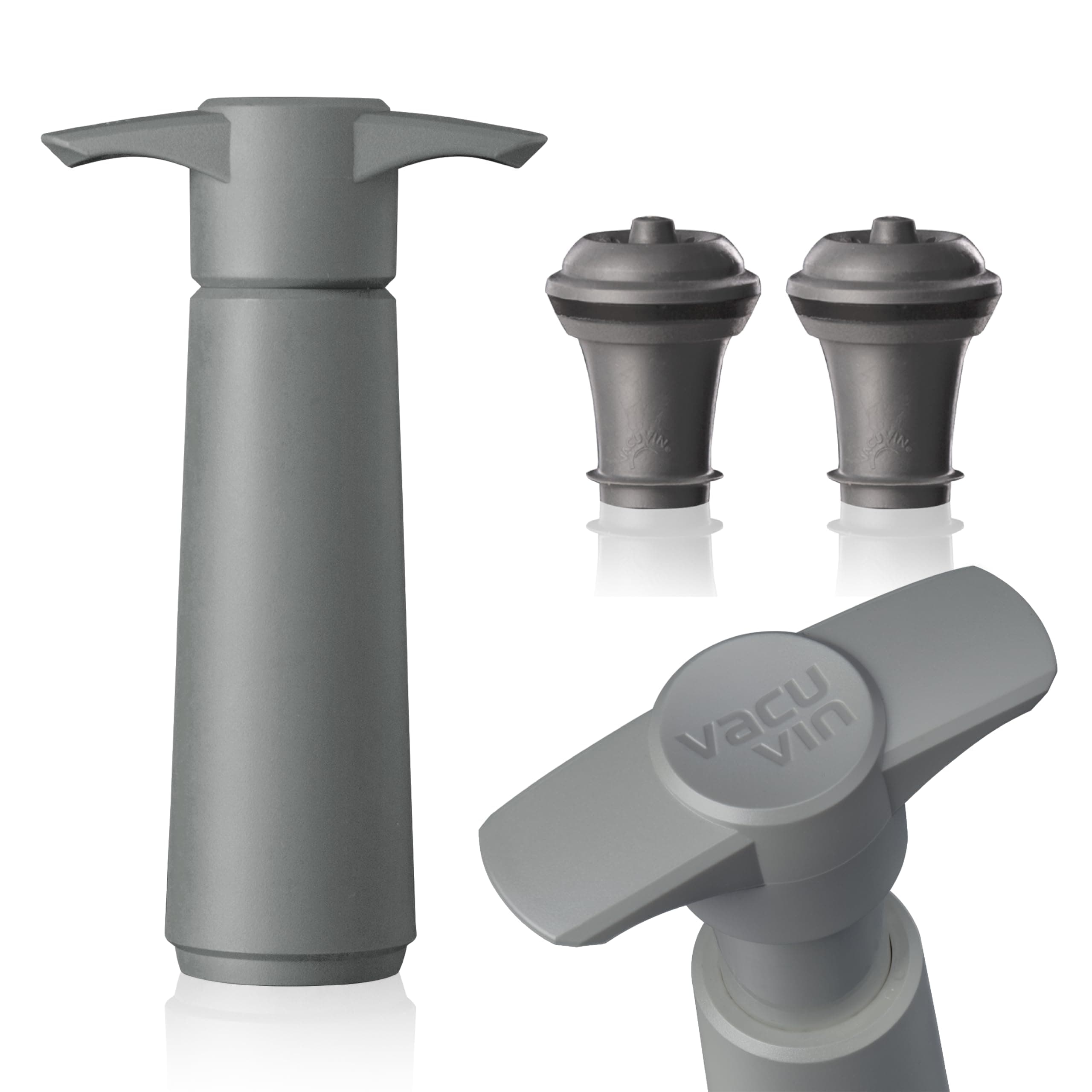 Vacu Vin Wine Saver Pump - Grey with Vacuum Stopper - Keeps Wine Fresh Up to 10 Days - 1 Pump 2 Stoppers - Reusable - Made in Netherlands