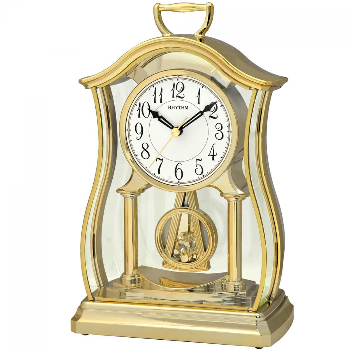 Luxurious Gold Rhythm Mantel Clock with Crystal Pendulum | Silent Ultra-Precise Quartz Movement | Elegant White Face with Black Arabic Dial | 2 AA Batteries Included
