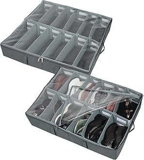 DOUBLE R BAGS Under Bed Shoe Organizer with Zipper, Storage for Sneakers, Heels & Boots – Adjustable Compartments, Dustproof & Space-Saving (24.5 x 29 x 5.5 Inch)