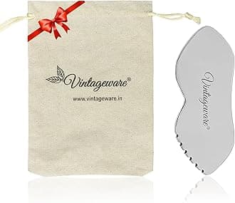 Vintageware® Stainless Steel Lip-Shaped Gua Sha with Comb Teeth | Face & Neck Scraping Tool for Puffiness, Wrinkles & Glow | With Travel Pouch