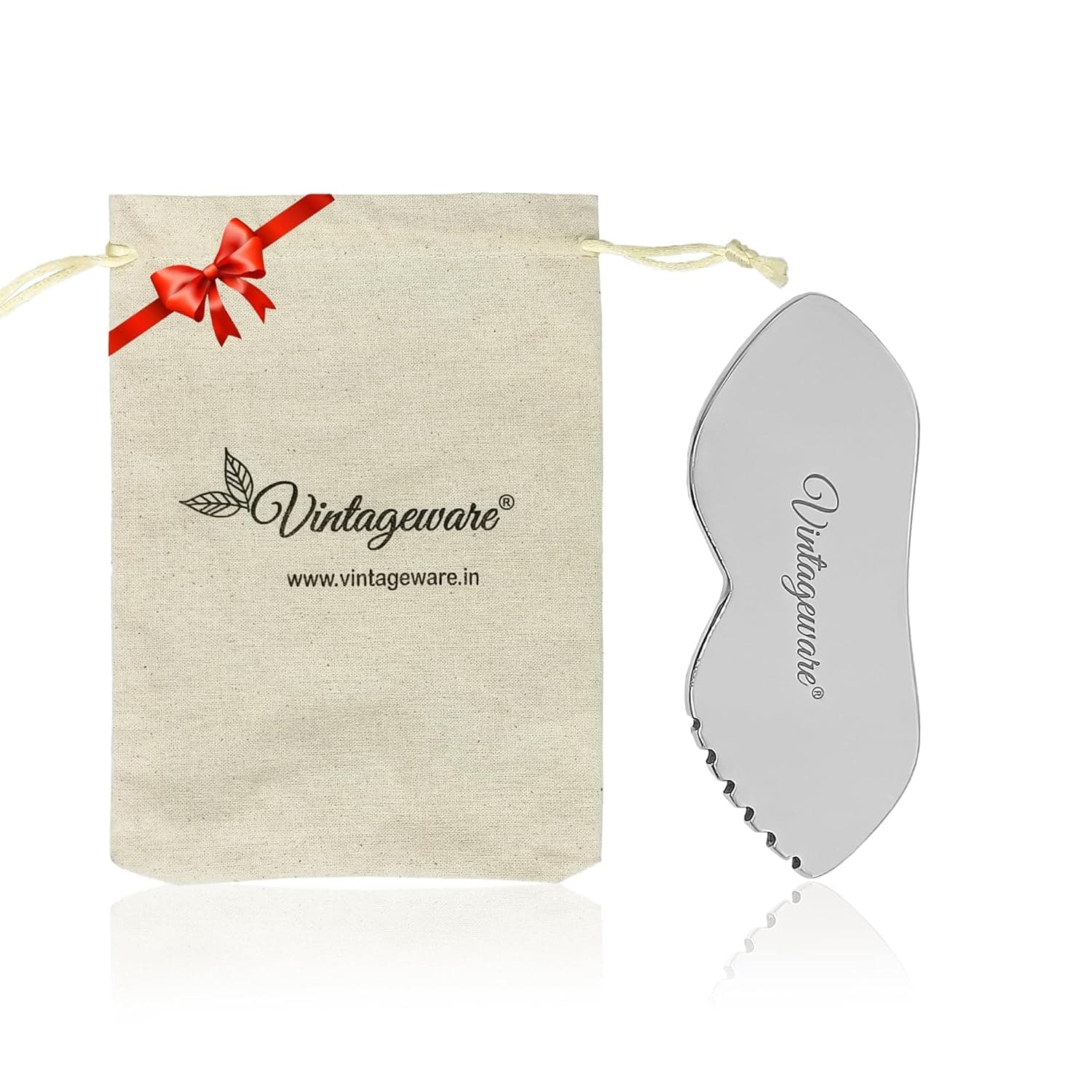 Vintageware® Stainless Steel Lip-Shaped Gua Sha with Comb Teeth | Face & Neck Scraping Tool for Puffiness, Wrinkles & Glow | With Travel Pouch