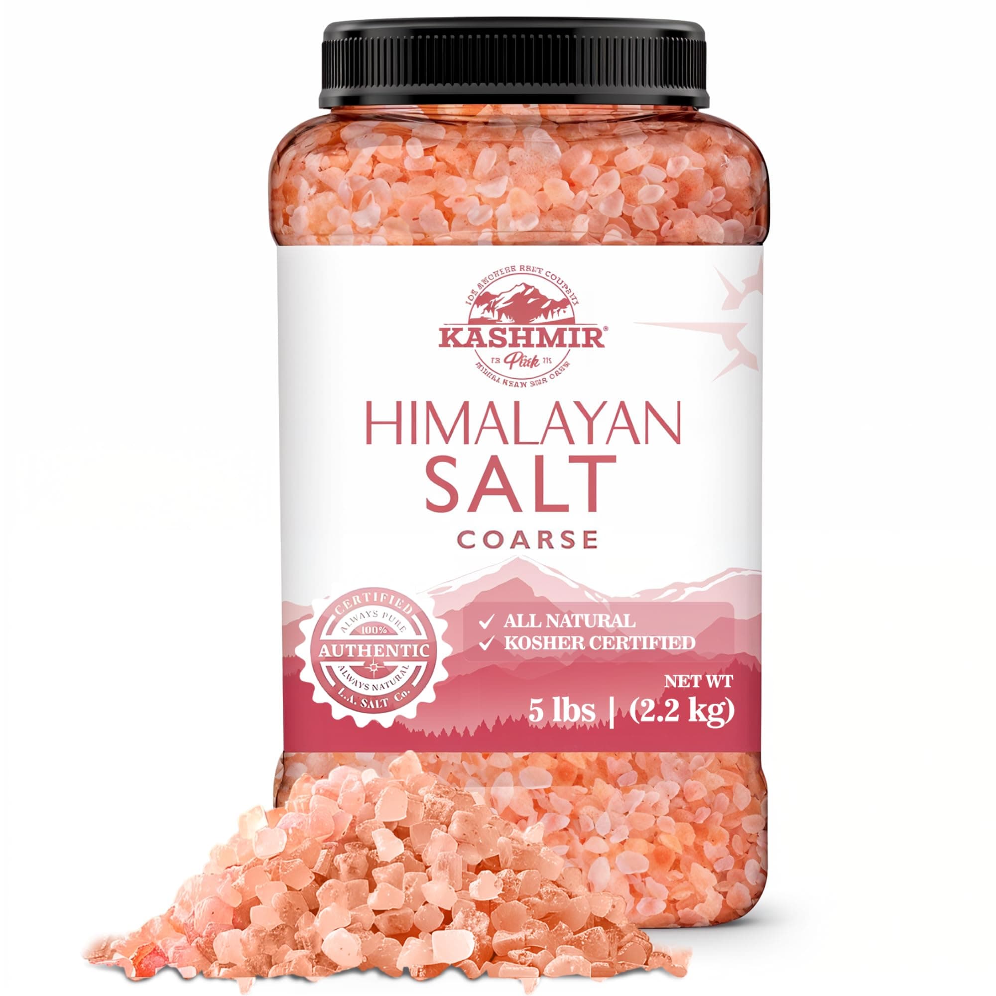LA SALT CO Kashmir 5 Lbs Pink Himalayan Salt Bulk Jar, Coarse | 100% Pure, Food Grade with 84 Trace Minerals | Kosher Certified, Vegan, Non-GMO, & Cruelty-Free