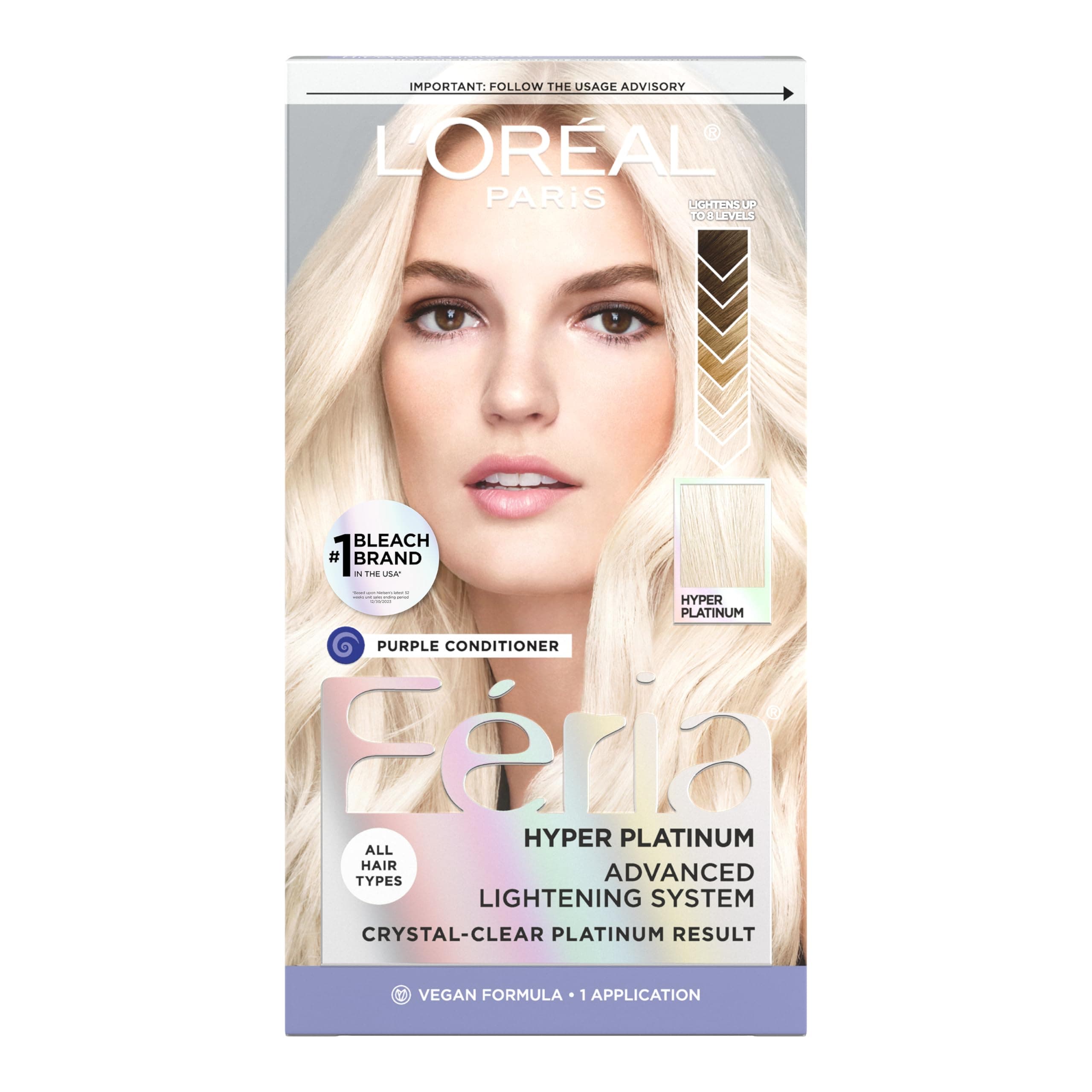 L’Oréal Paris Hyper Platinum Advanced Lightening System Hair Bleach With Anti Brass Purple Conditioner, 4.3 Ounce
