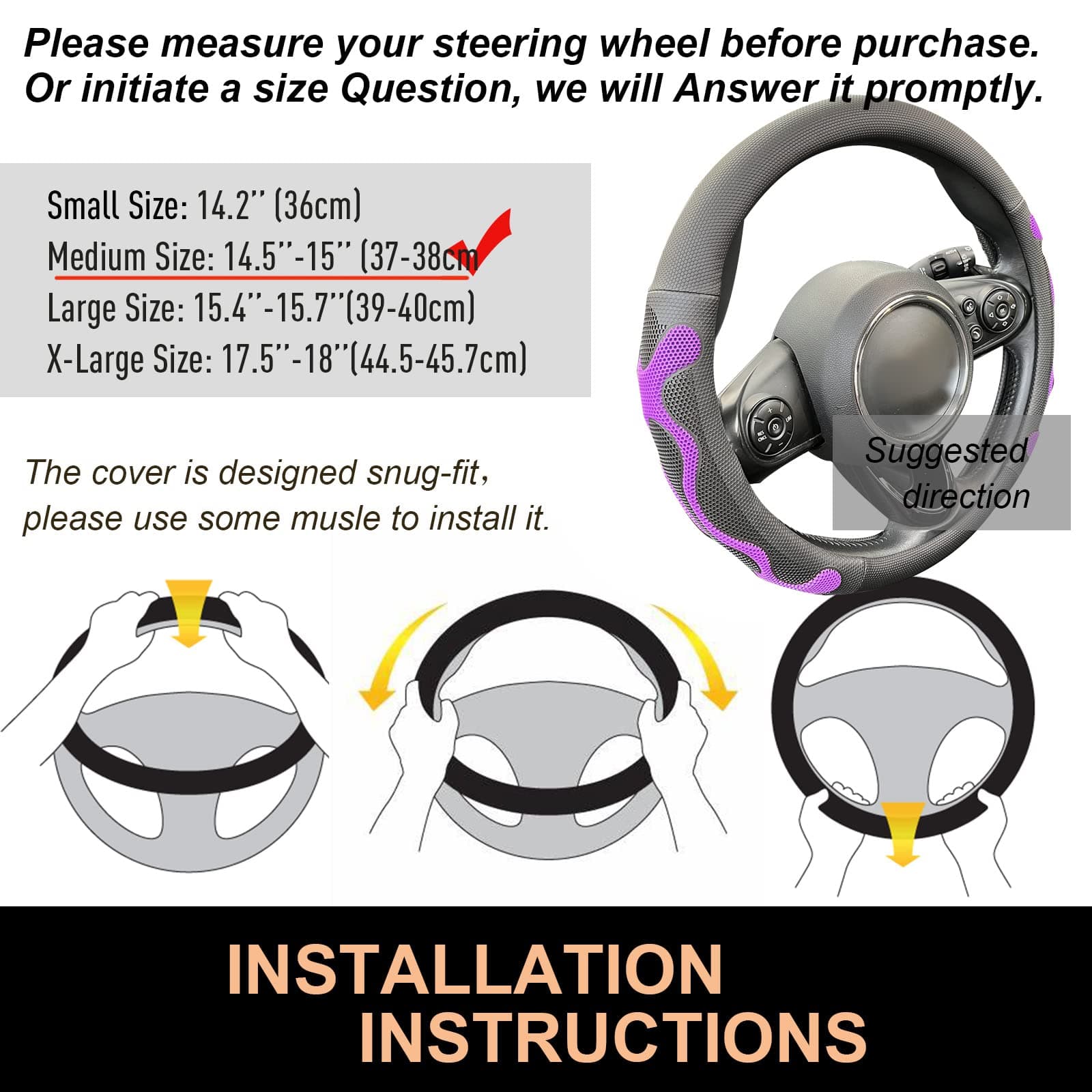 PINCTROT Comfy Grip Steering Wheel Cover, Anti-Slip Design, Universal 14.5-15 Inch(Silicone Purple)