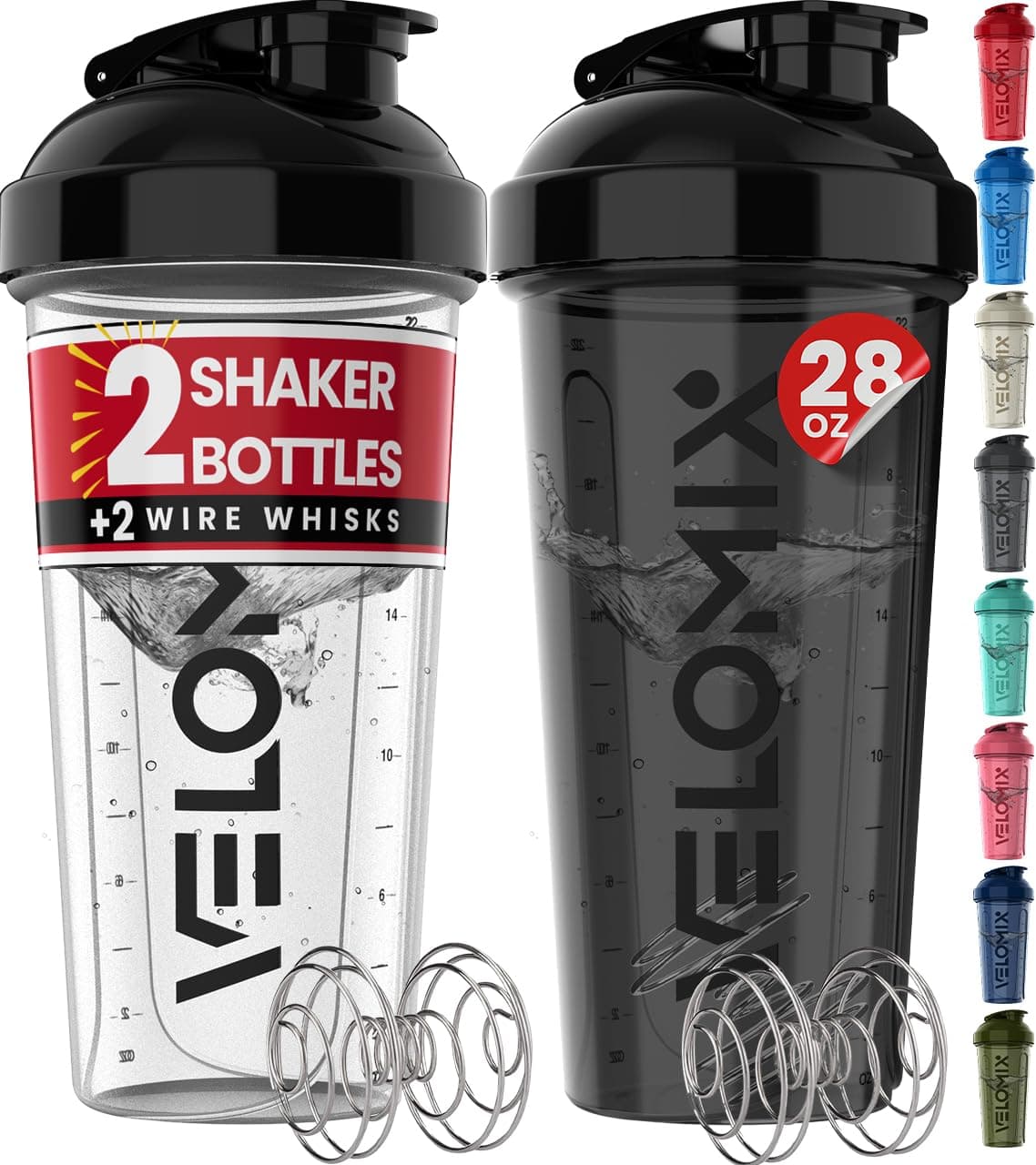 VELOMIX -2 Pack- 28 oz Protein Shaker Bottles for Protein Mixes Wire Whisk | Leak Proof Shaker Cups for Protein Shakes | Protein Shaker Bottle Pack | Shakers for Protein Shakes (A1) Black/Transparent