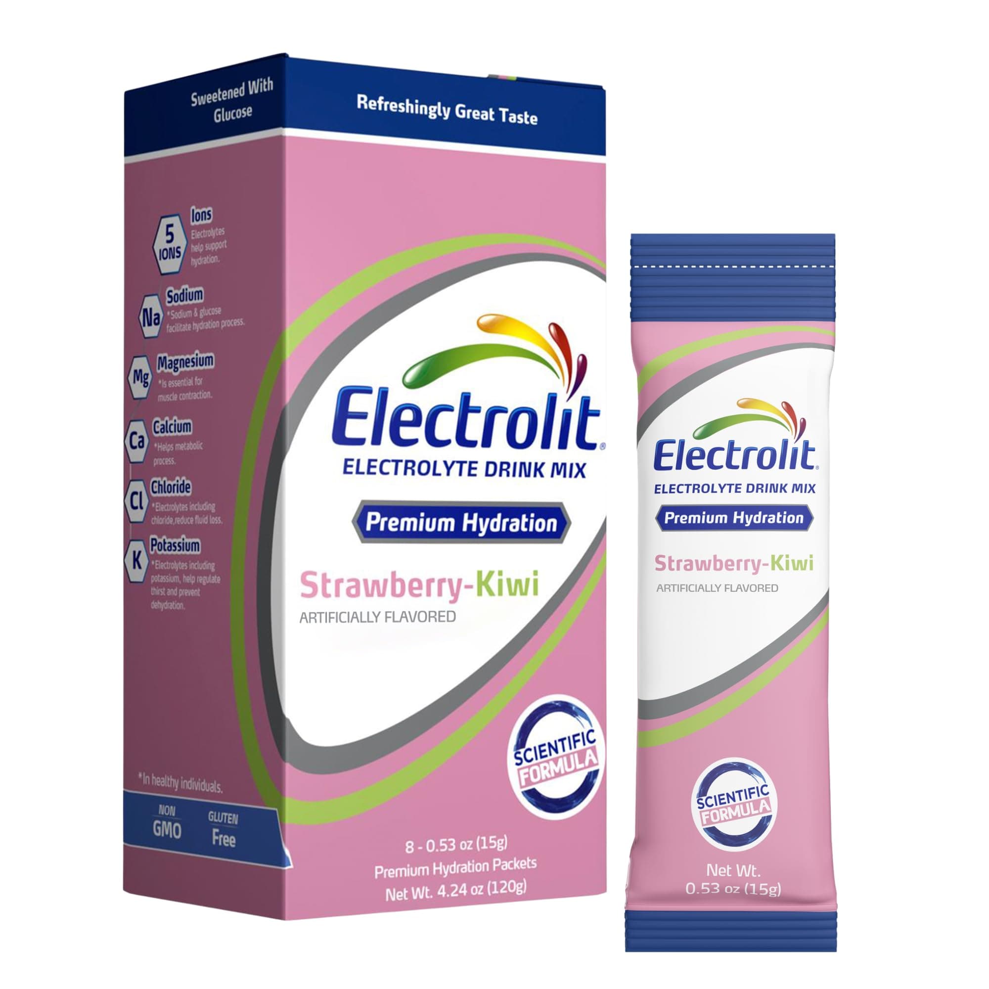 Electrolit Electrolytes Powder Packets, Strawberry Kiwi 8 Pack, Powdered Hydration Packets for Dehydration & Rehydration, Post Workout Flavored Hydrating Drink Mix, Gluten Free Water Enhancer Sticks