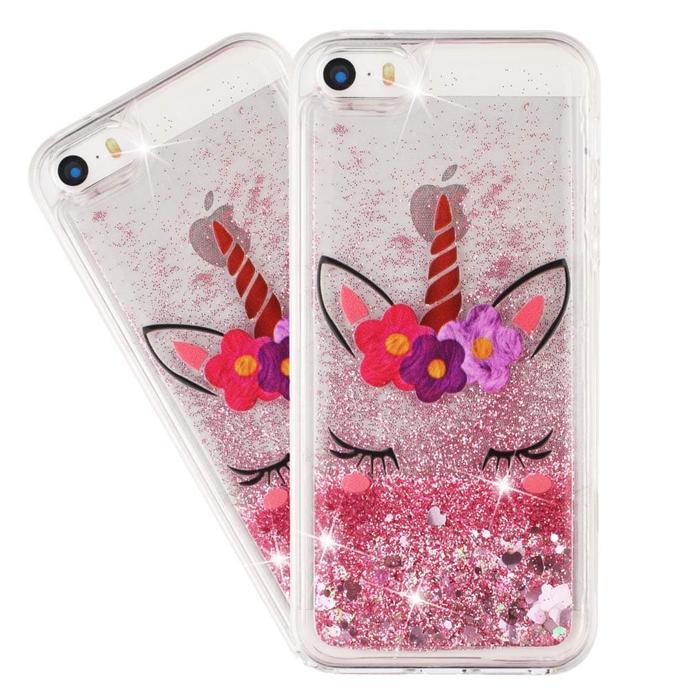 Compatible with iPhone 5S Case for Girl Glitter Liquid Sparkle Floating Shiny Quicksand Clear Soft TPU Silicone Shockproof Protective Case for iPhone 5 / 5S Bling Eyelash Unicorn XY