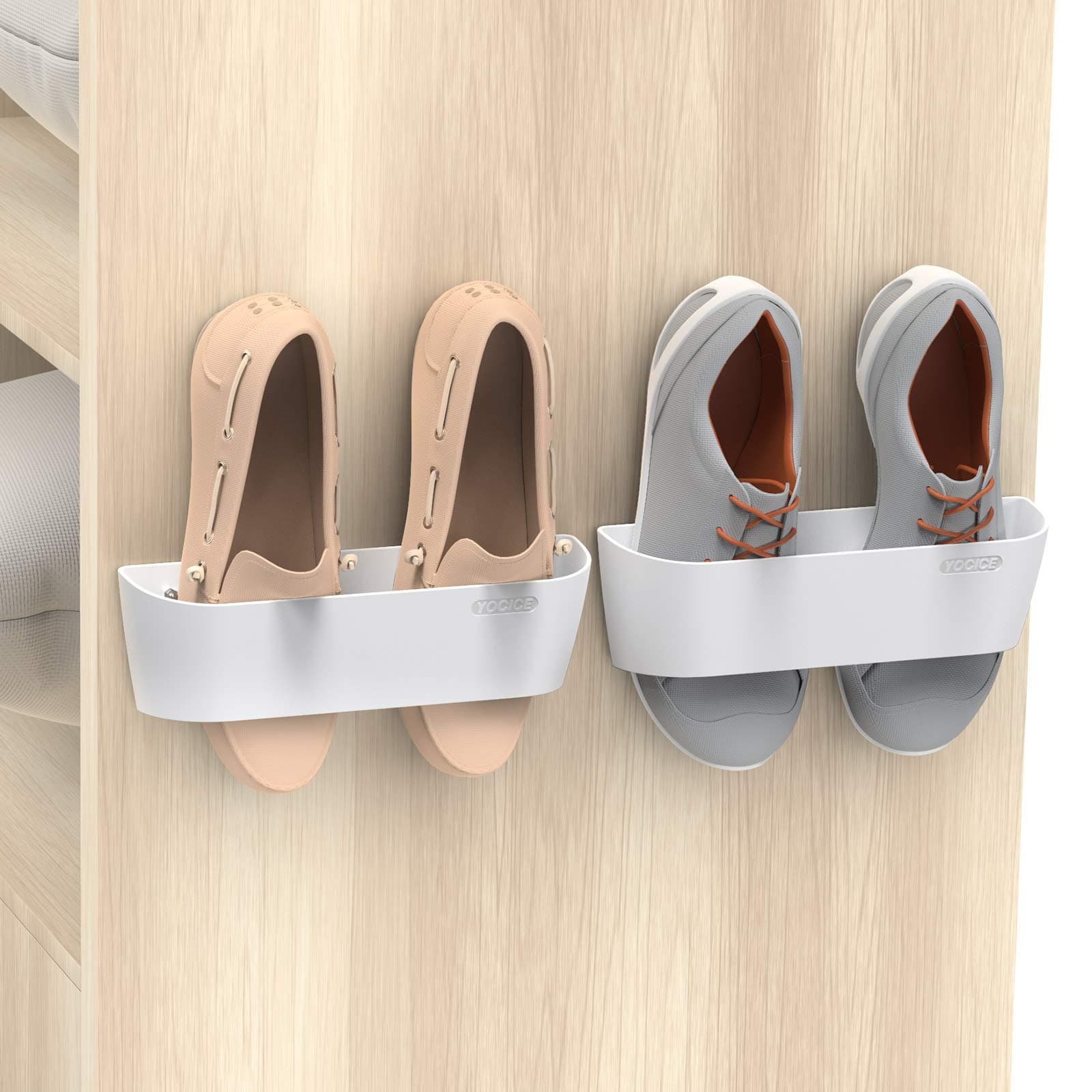 Wall Mounted Shoes Rack 2Pack with Sticky Hanging Strips, Plastic Shoes Holder Storage Organizer,Door Shoe Hangers (SM03-White-2)