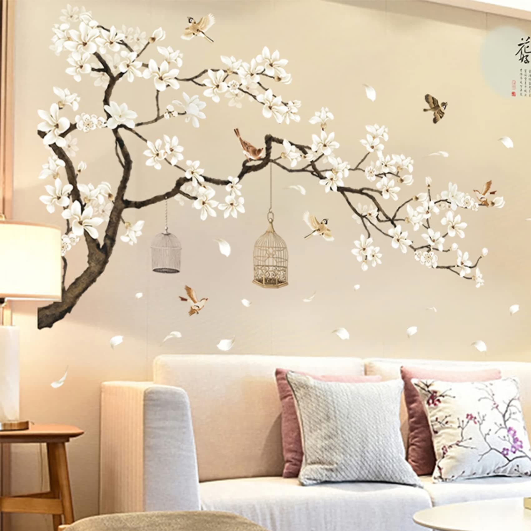 Large White Flower Wall Stickers, 50"x74" Removable DIY Romantic Cherry Blossom Tree Wall Murals Peel and Stick 3D Wall Art Stickers Home Decor for Gilrs Bedroom Nursery Rooms Living Room
