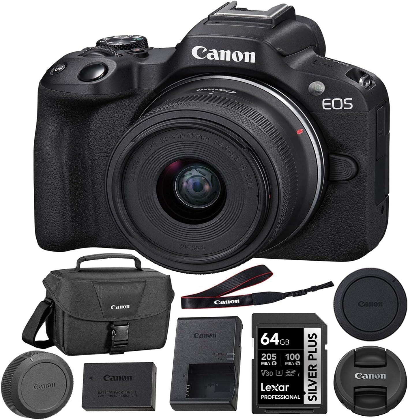 EOS R50 Mirrorless Camera with 18-45mm Lens (Black) Bundle with 64GB Memory Card + Canon 200ES EOS Shoulder Bag (3 Items)