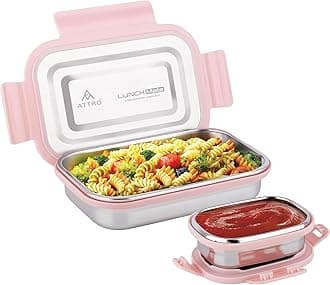 ATTRO Lunchmate Stainless Steel Lunch Box with 1 Small Container Airtight Spill-Proof BPA Free Food Grade Ideal for Office, School, Picnic, 800ml+180ml- Peach