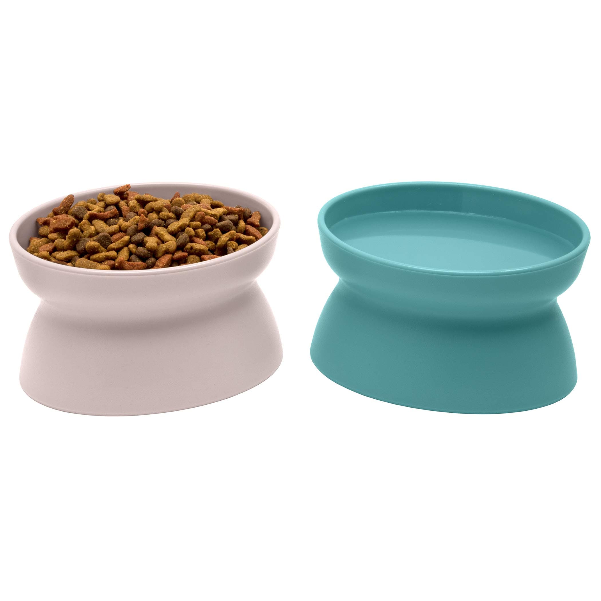 Elevated Cat Bowls (Set of 2), Whisker-Friendly Raised Cat Food & Water Dishes, Modern Pedestal Design, Dishwasher Safe, 6.5 oz Each – Teal & Light Pink