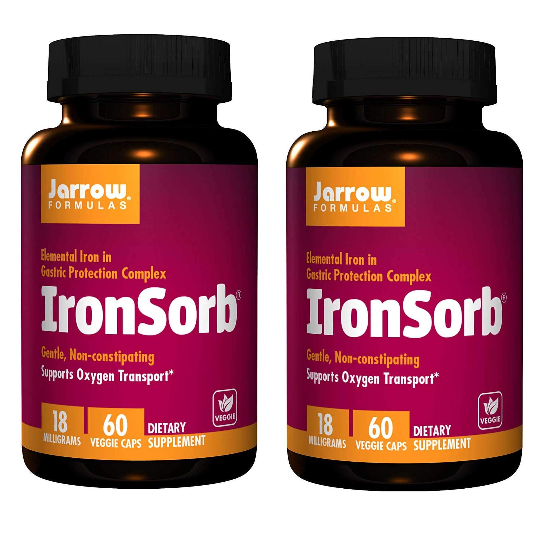 Jarrow Formulas IronSorb Elemental Iron in Gastric Protection Complex Supporting Oxygen Transport in Gentle, Non-Constipating Formula (60 Veggie Caps) Pack of 2