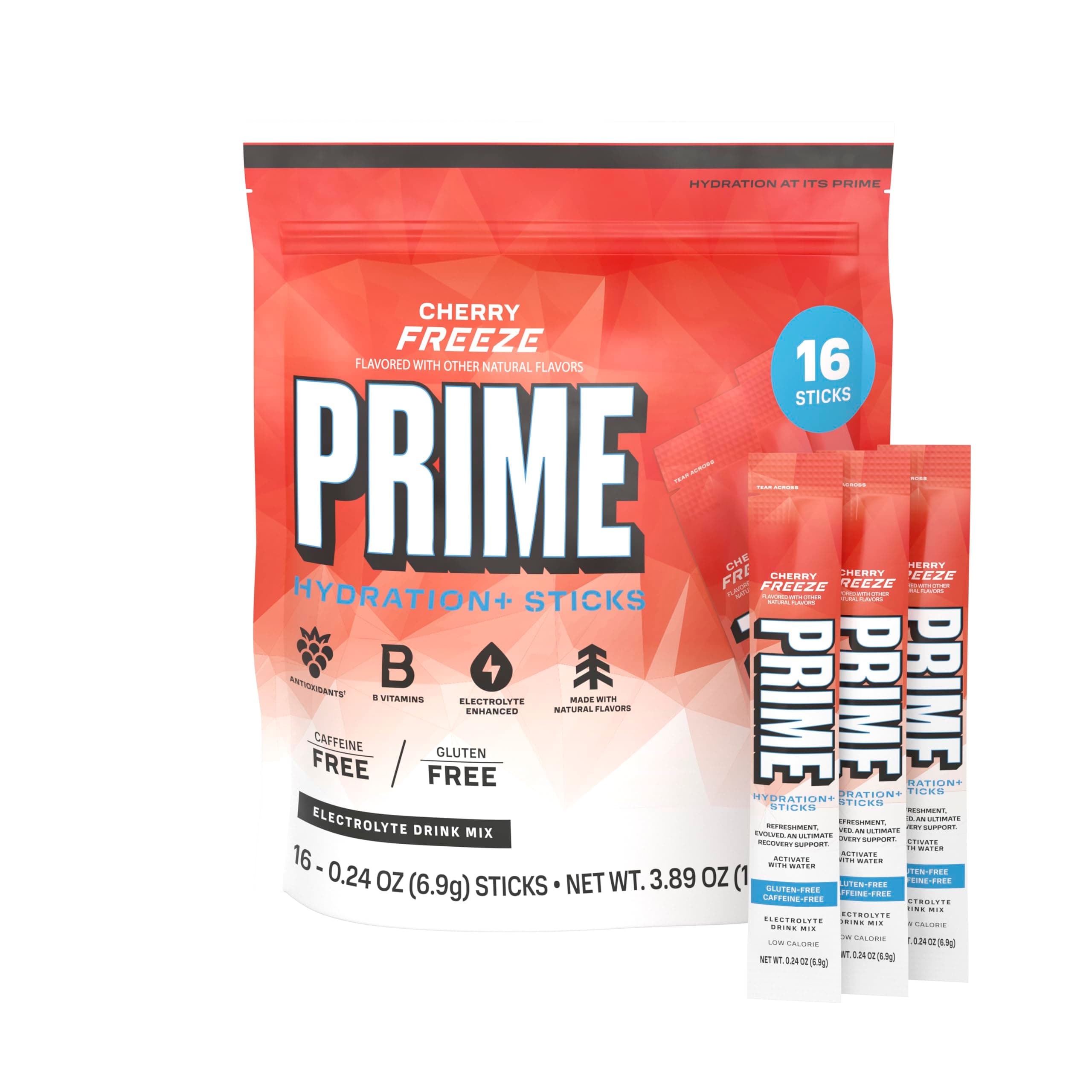 PRIME HYDRATION+ Electrolyte Powder Sticks, Cherry Freeze, Sugar Free Hydration Drink Mix with Potassium, Magnesium & B Vitamins to Replenish Fluids, Caffeine Free, 16 Count