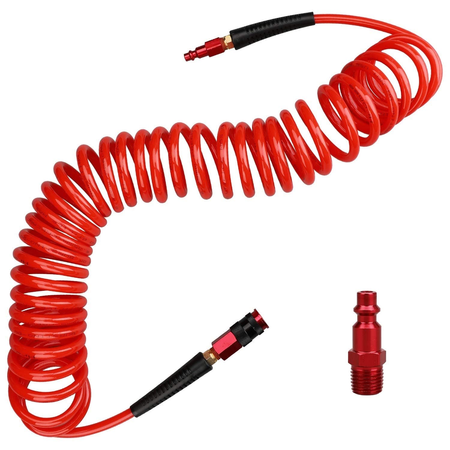 1/4 in x 25 ft Polyurethane Recoil Air Hose with Bend Restrictors Compressor Hose with 1/4" Industrial Universal Quick Coupler and I/M Plug Kit, Red