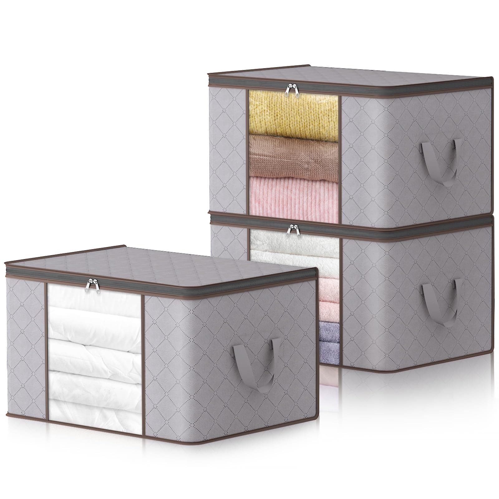 Lifewit 120L Clothes Storage Bags Large Storage Box With Lid Packing Boxes for Moving House With Reinforced Handle Thick Fabric Clear Window for Clothes Duvet Blankets Bedding, 3 Pack, Light Grey