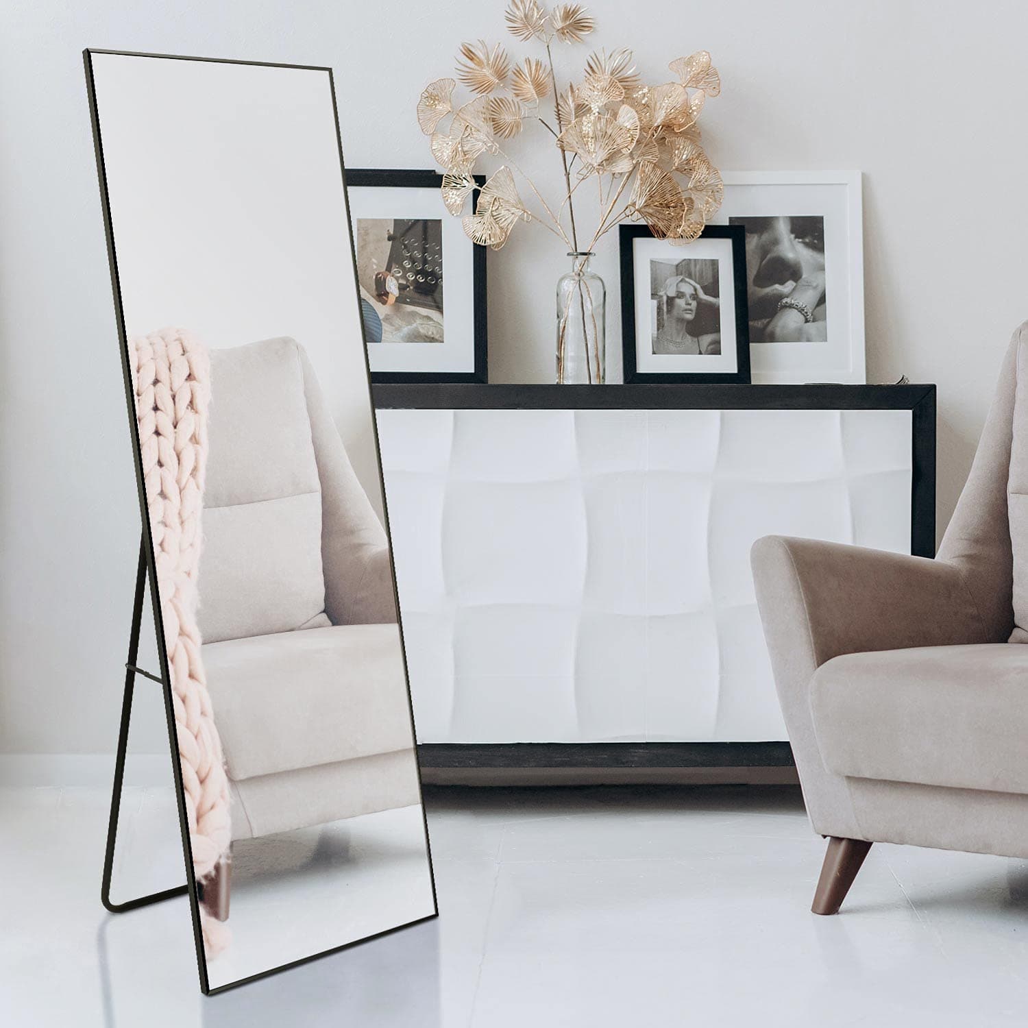 YSSOA Full Length Mirror, Floor Mirror, Standing Mirror, Leaning Mirror, Full Body Mirror, Large Mirror, Bedroom Mirror with Black Aluminium Frame, Black, 65"x22"