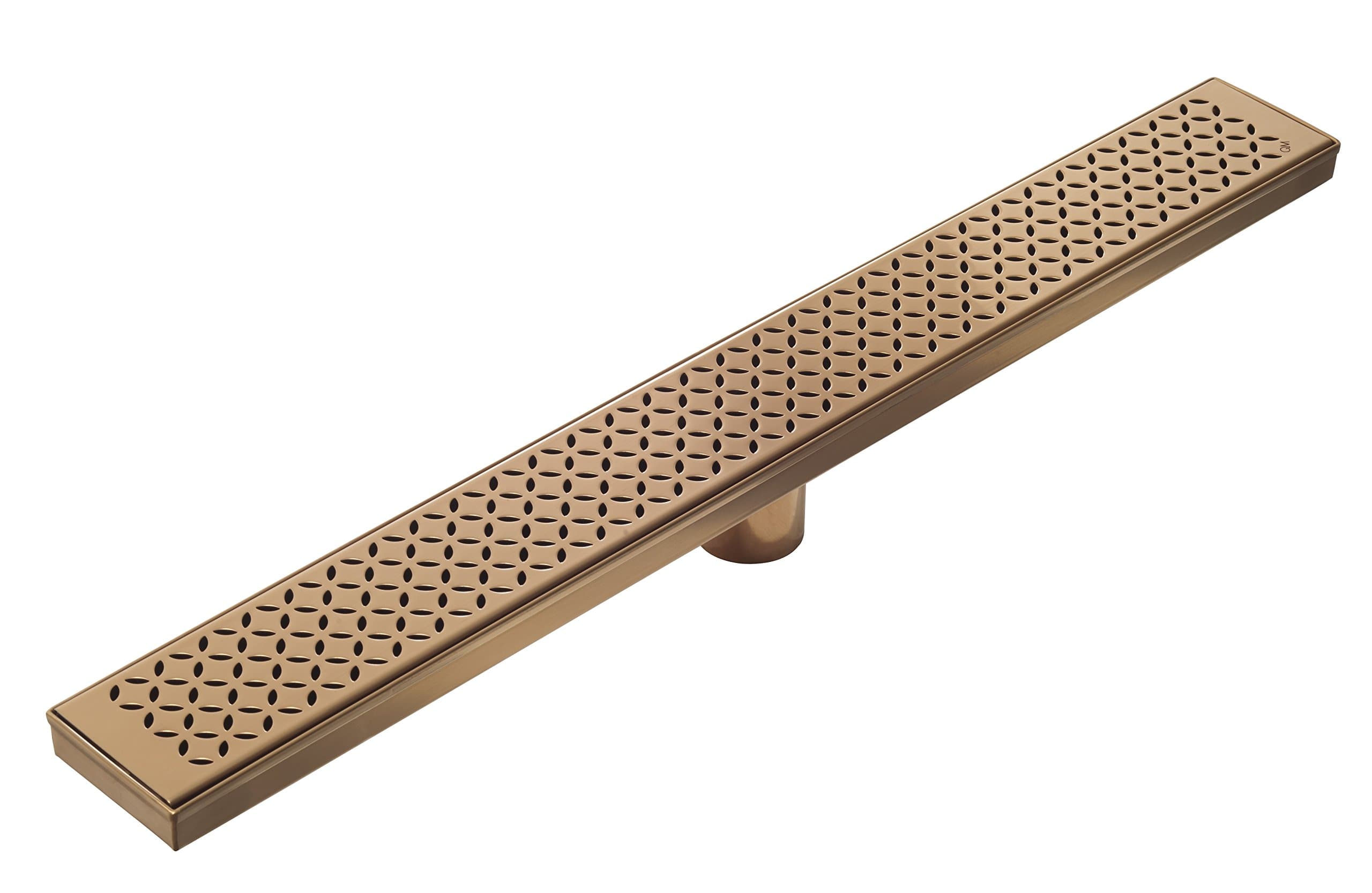 QM Linear Shower Drain, Base and Grate Made of 100% Stainless Steel 316, Delmar Series Lotus Line, 36", Bronze Finish, Kit includes: Flange adaptor with gasket, Hair Strainer, Key, Leveling feet.