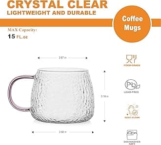 LUXU Premium Hammered Glass Tea Cups (Set of 6)-15 oz High Borosilicate Glass Coffee Mug - with Different Color Handles,Prefect for Water,Cappuccino,Latte,Mocha,Milk,Juice,Hot and Cold Beverages