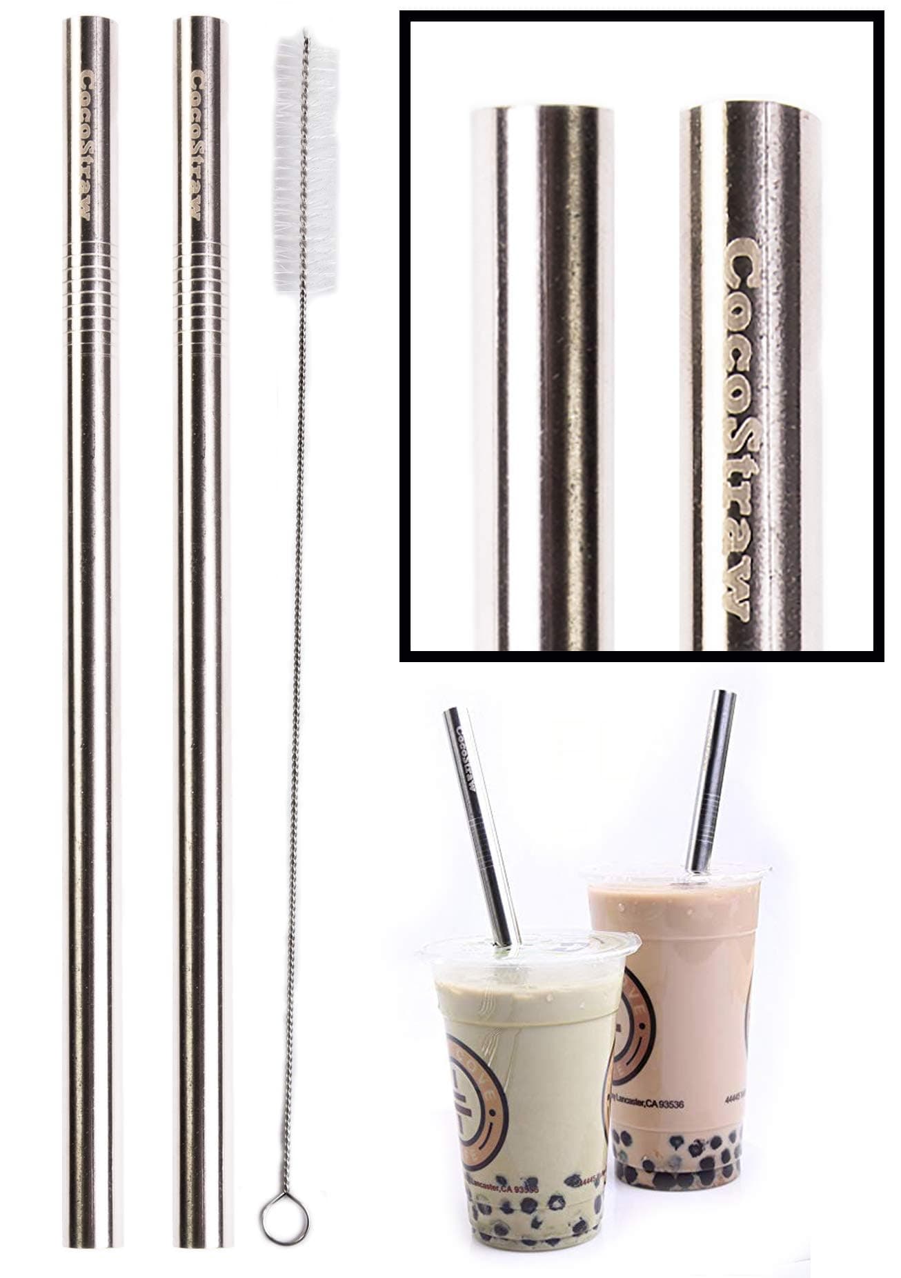 2 Stainless Steel Straws Big Straw Extra Wide 1/2" x 9.5" Long Thick FAT - CocoStraw Brand