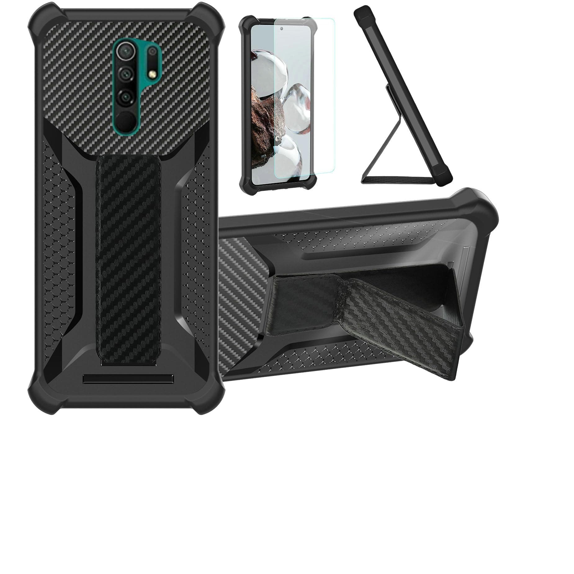 Aroepurt Case for Redmi 9 Phone Case Stand Cover [with Tempered Glass Screen Protector] Hybrid Case [Folding Support Magnetic] [Frosted Anti-Fingerprint] Black