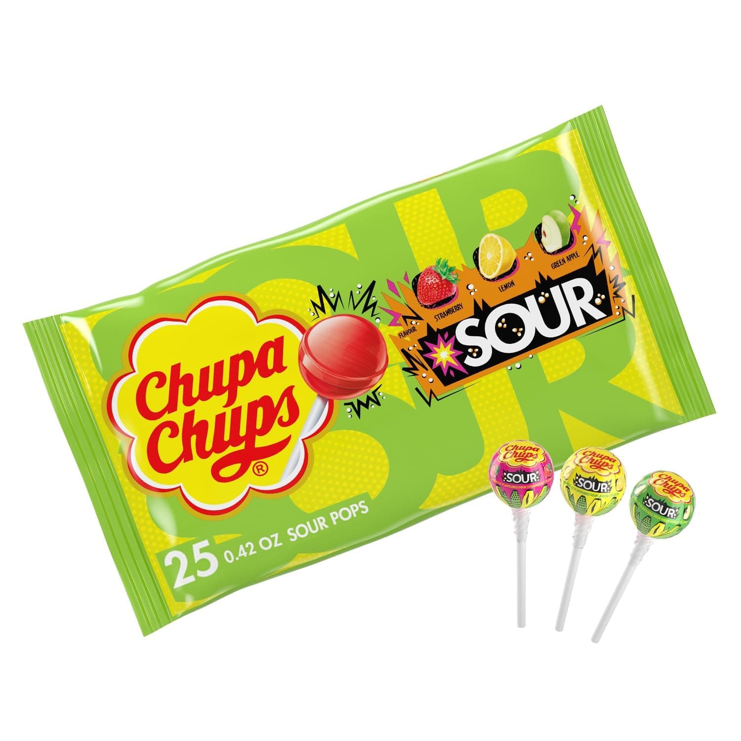 SOUR Lollipops, Variety Pack, Lemon, Strawbery & Apple Flavored, Individually Wrapped Bulk Sour Candy Suckers for Adults & Kids, Bag of 25