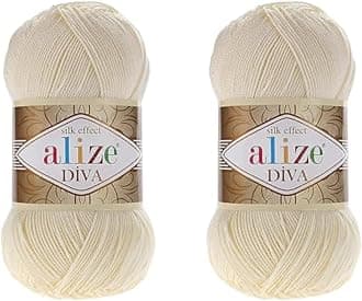 Diva Microfiber Acrylic Yarn - Silk Effect Thread for Crochet & Lace Craft - Cream, 200gr, 767 yds (Lot of 2 skeins)
