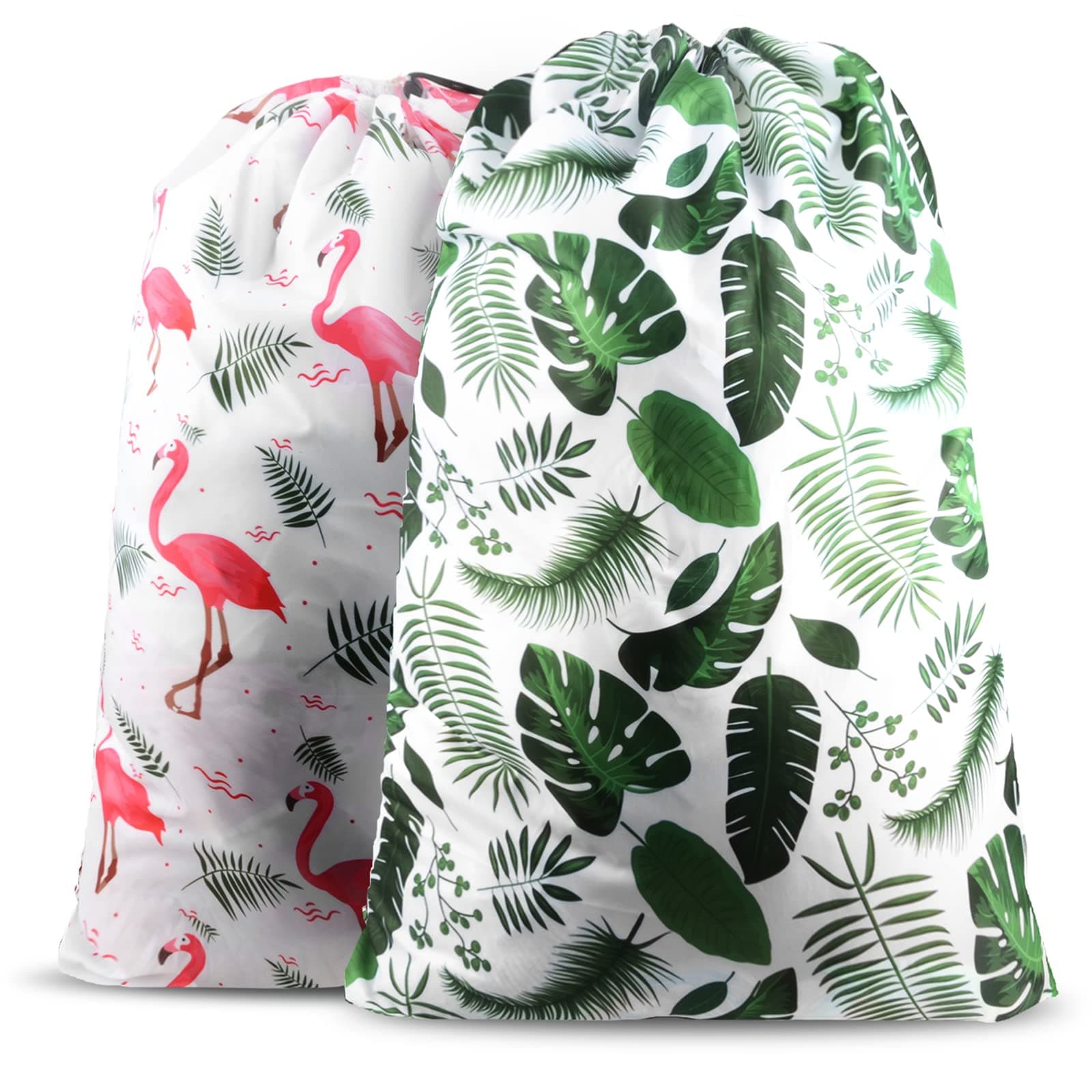 Nidoul 2 Pack XL Laundry Bags, Drawstring Closure Dirty Clothes Bag Organizer, Heavy Duty Large Laundry Bag, Durable Rip-Stop Bags for Camp Travel, Machine Washable 24" x 36" (Flamingo + Green Leaves)