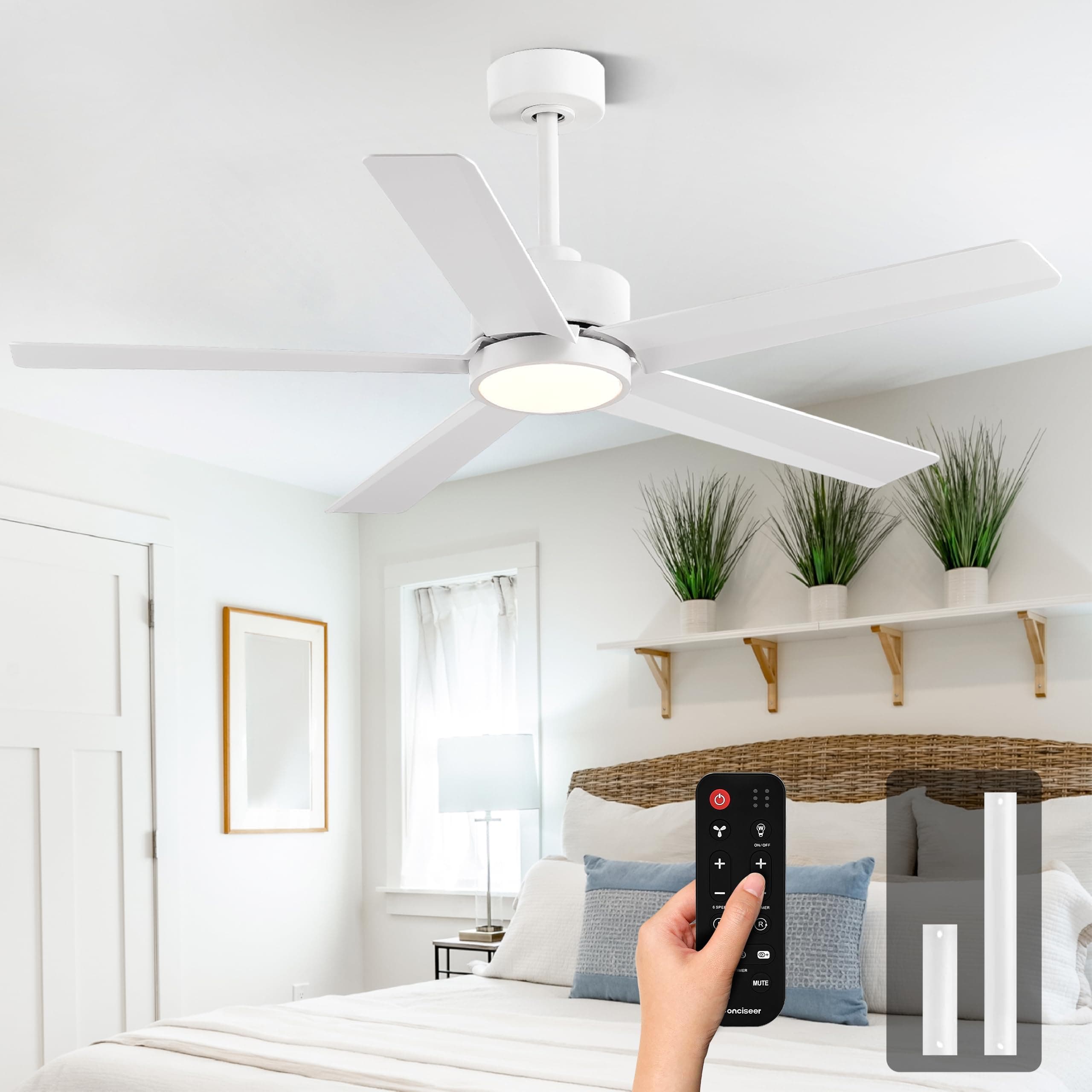 Modern Ceiling Fans with Lights,52 Inch Ceiling Fans with Remote for Bedroom Living Room Kitchen, 18W 3CCT Dimmable，5 Blades 6 Speed Reversible Quiet DC Motor White