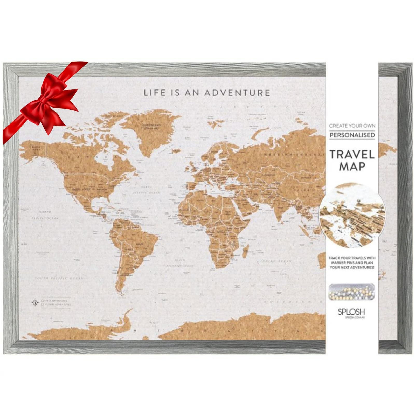 Splosh Large Maps. World Map Pin Board in Grey, Wooden Frame. World Map Cork Board with 100 Pins in 2 Colours to Mark Your Past and Future Adventures. Framed World Maps for Wall. (Grey)