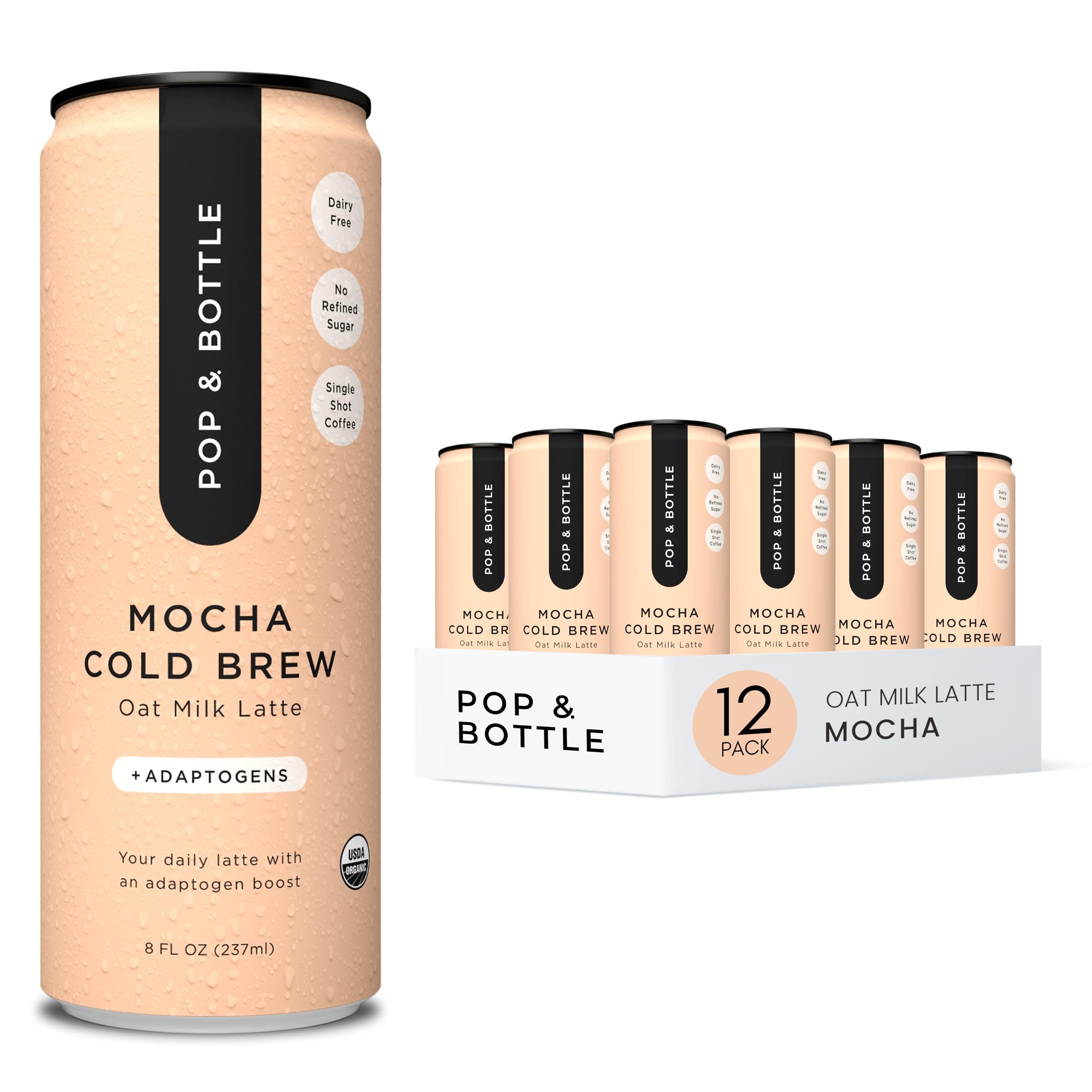Pop & Bottle, Oat Milk Lattes - Cold Brew With Adaptogens, Maca, Ashwagandha, Mct Oil, Oat Milk, Organic, Dairy Free, Gluten Free, Great As Iced Coffee, Lightly Sweetened With Dates - Mocha, 8 Fl Oz