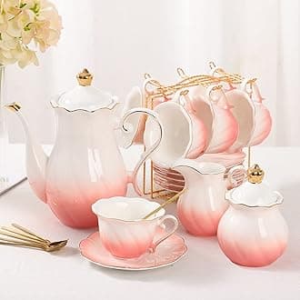 22 pcs Porcelain Tea Set for 6, Luxury British Style Tea/Coffee Cup Set with Golden Trim, Beautiful Tea Set for Women, Tea Party Set, Gift Package (With a Stand) - Gradient Pink
