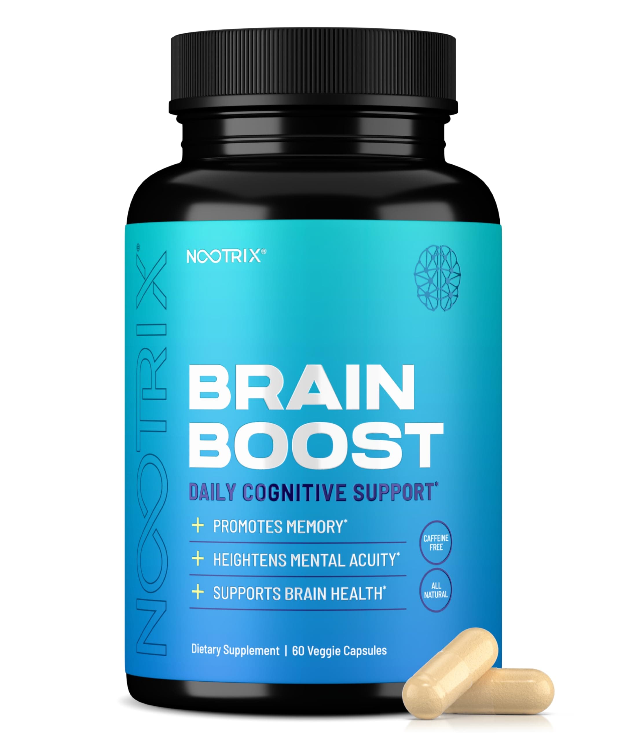 Nootrix Brain Boost Nootropic Supplement | Supports Memory, Mental Focus, Cognitive Health & Energy | Caffeine-Free, Promotes Healthy Mood & Brain Function w/Gingko Biloba & DMAE | 60 Capsules